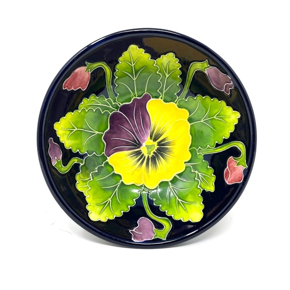 J McCall Footed Trinket Dish Icing on the Cake Embossed Pansies Blue Sky 2004 - Picture 3 of 10